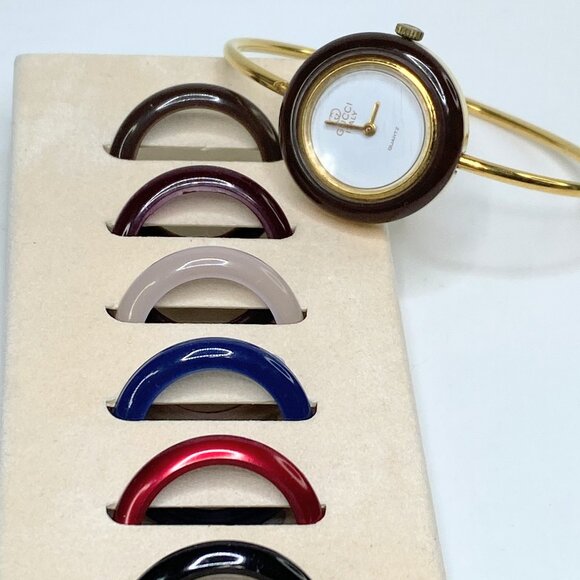 Vintage Gucci 1100-L Change Bezel Gold Bangle Watch Quartz 6 Colors SS168 main image 9